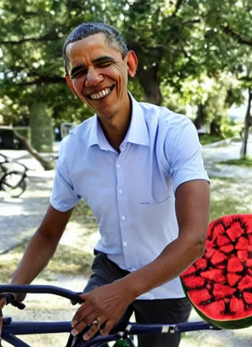 Image similar to Barak Obama riding a bike made of cornflakes with wheels made of watermelons
