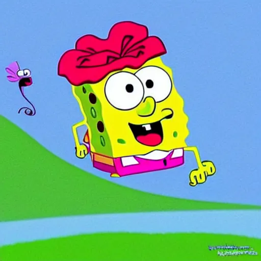 Prompt: “In a open field, there is a car that can fly. In the car spongebob is sitting. On top of the car there is a beautiful rose that has blades for petals.”