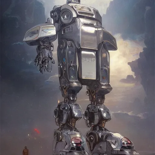 Prompt: a full length portrait of a giant autonomous polished steel battle robot, a moody sci - fi painting art by artgerm and greg rutkowski and alphonse mucha, trending on artstation, smooth arstation, detailed, highly detailed matte painting, cinematic