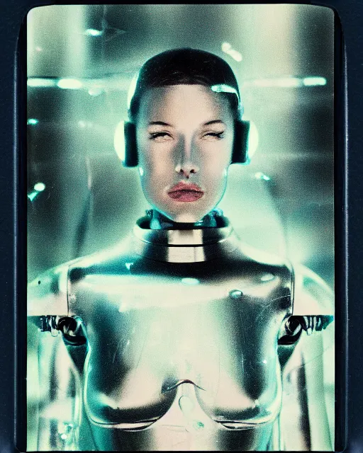 Prompt: cyber - polaroid of a female cyborg, ethereal, chrome vortex, scattered light, reflective glass