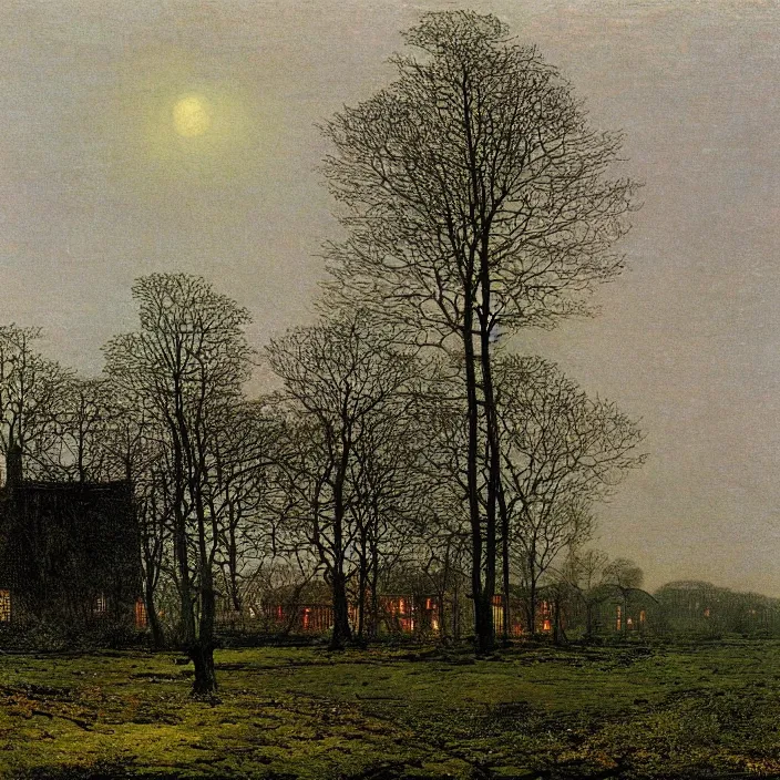 Image similar to a building in a landscape, by john atkinson grimshaw