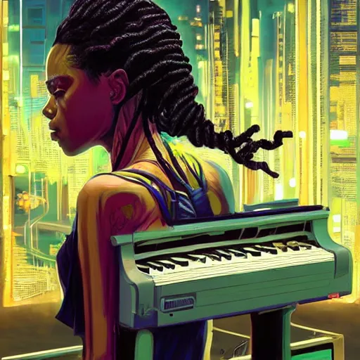 Prompt: short dreds - cyberpunk deities made of elastic bands, beautiful, recording music in a stuido, another person made of elastic bands on a piano | hyperrealistic oil painting | by makoto shinkai, ilya kuvshinov, lois van baarle, rossdraws, basquiat | afrofuturism, in the style of surrealism, trending on artstation |