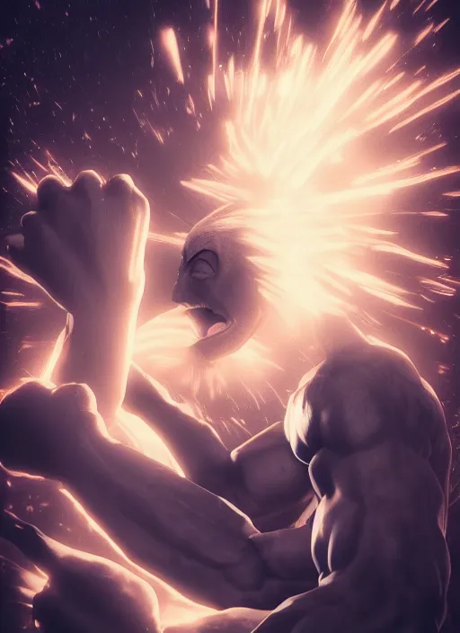 Image similar to Realistic Saitama punching Garou, hyper realism, dark atmosphere, cinematic shot, intricate, ornate, photorealistic, ultra detailed, realistic, 100mm, photography, octane, high definition, depth of field, bokeh, 8k, artstation