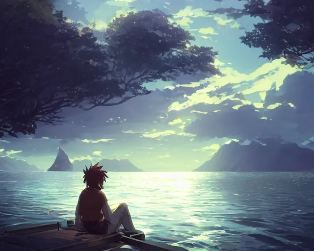 Image similar to one boy and one girl with long flowing auburn hair sitting together in a one single boat. Atmospheric lighting, long shot, romantic, boy and girl are the focus, trees, blue water. Anime. By Makoto Shinkai, Stanley Artgerm Lau, WLOP, Rossdraws, James Jean, Andrei Riabovitchev, Marc Simonetti, krenz cushart, Sakimichan, D&D trending on ArtStation, digital art.