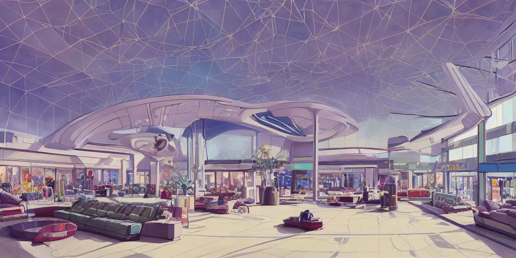 Image similar to a beautiful illustration of futuristic mall, lots of furniture, sofa, waiting room, big medium small, sacred geometry, golden ratio, in watercolor gouache detailed paintings, in style of syd mead, trending on artstation, 8 k, panel, hard surface, wallpaper, zaha hadid, scattered props, plant, cozy, decoration, simon stalenhag, wes anderson