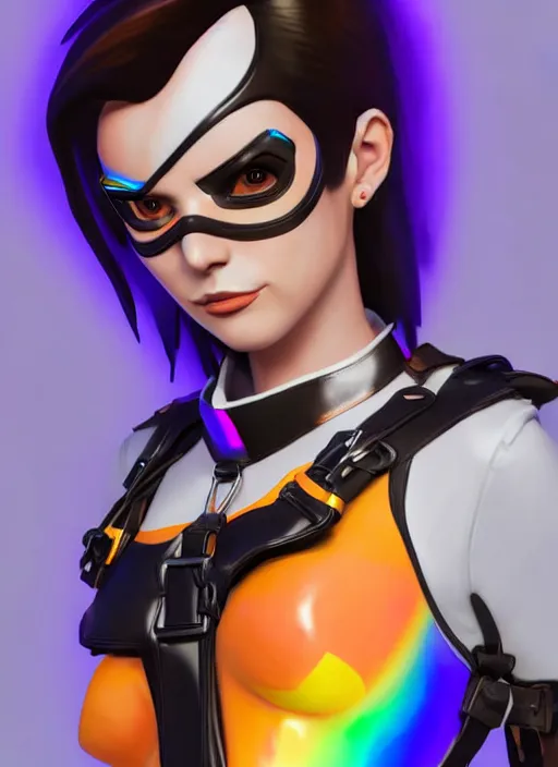 Image similar to portrait bust digital artwork of tracer overwatch, wearing iridescent rainbow latex and leather straps catsuit outfit, 4 k, expressive happy face, makeup, in style of mark arian, angel wings, wearing detailed leather collar, chains, black leather harness, detailed face and eyes,