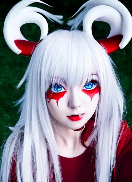 Image similar to white haired anime girl with horns, red eyes, cute