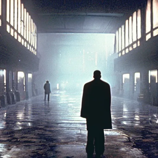 Image similar to the backrooms are empty, there is a lone replicant standing off in the distance, still from the movie bladerunner