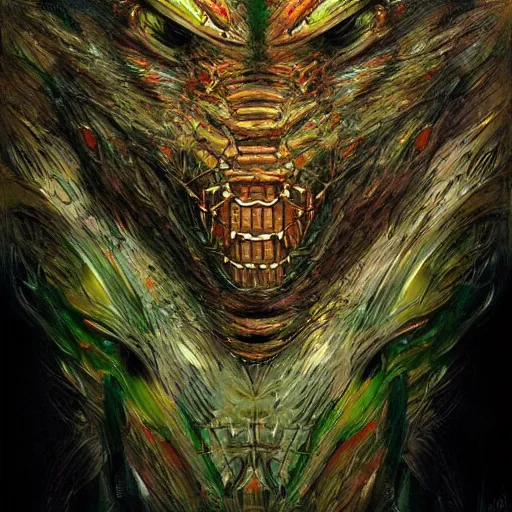 Image similar to a simple concept art portrait of a predatory robotic species. an award winning yoshitaka amano digital art poster color painting. a masterpiece by james gurney. poster colour on canvas.