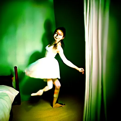 Prompt: cute girl wearing white dancing joyfully in her bedroom at night, dark green atmospheric lighting, elegant, highly detailed, heavy grain, sharp focus, depth of field, radiant light, 8 k, hdr, beautiful composition, photographed by steve mccurry