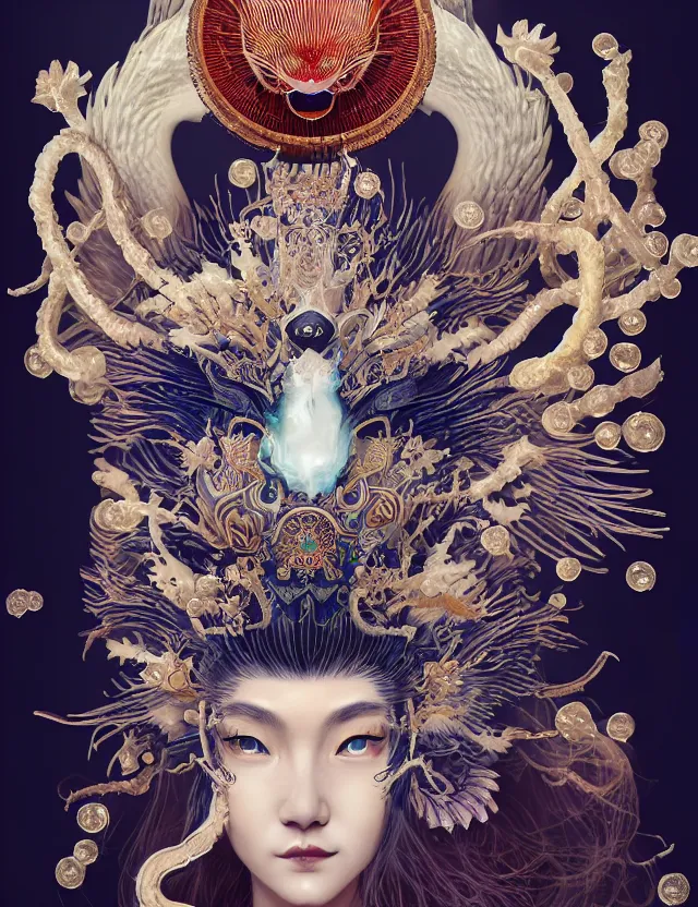 Image similar to goddess macro close - up portrait with crown, ram skull. beautiful intricately detailed japanese crow kitsune mask and clasical japanese kimono. betta fish, jellyfish phoenix, bioluminescent, plasma, ice, water, wind, creature, artwork by tooth wu and wlop and beeple and greg rutkowski