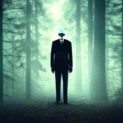 Image similar to joe biden as slenderman in forest, creepy joe biden, tall trees, night, creepy, horror, movie still, dark, haunted, cinematic lighting, ray tracing, octane render, long lens, shallow depth of field, bokeh, anamorphic lens flare, 8 k, hyper detailed, 3 5 mm film grain