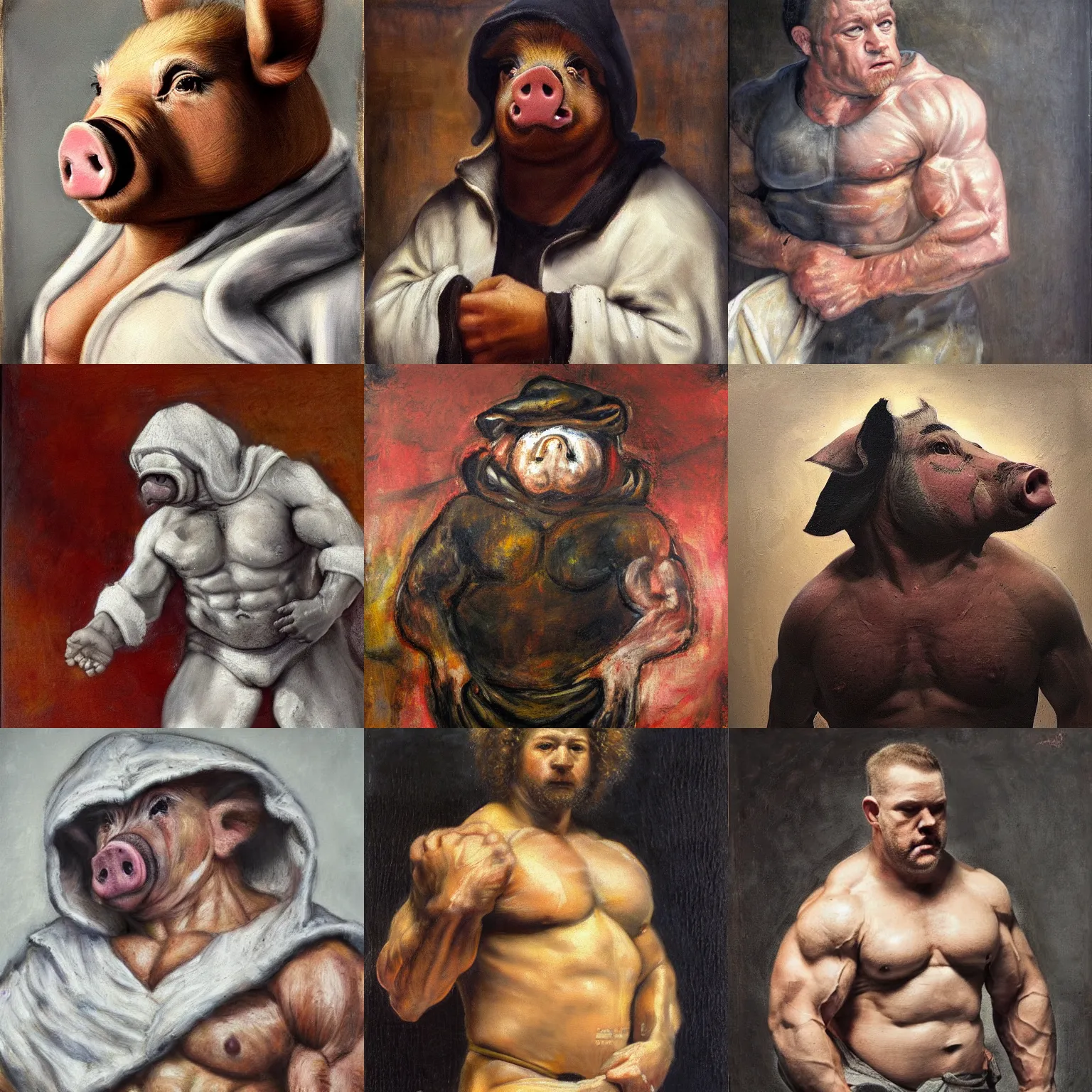 Prompt: pig is muscular bodybuilder and wearing a white hoodie , heavy texture natural rembrandt oil painting , aggressive pose