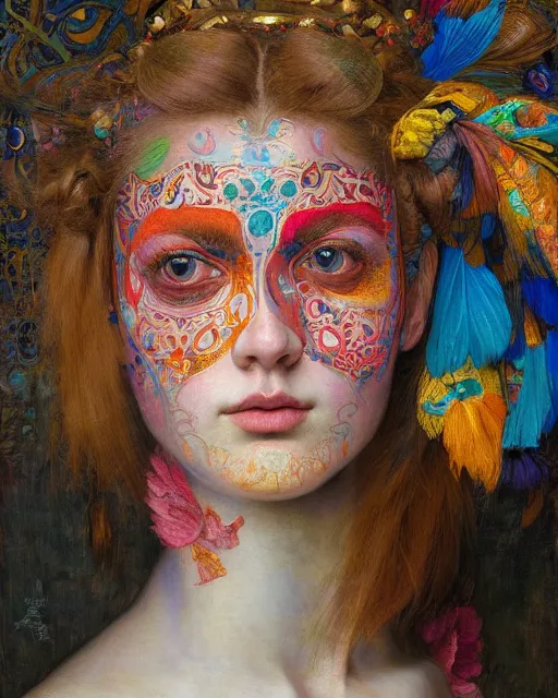 Image similar to a beautiful girl wearing colourful face paint surrounded by bright intricate patterns, by edgar maxence and caravaggio and michael whelan, intricate painting, hyper realistic, extremely detailed and beautiful aesthetic face, 8 k resolution