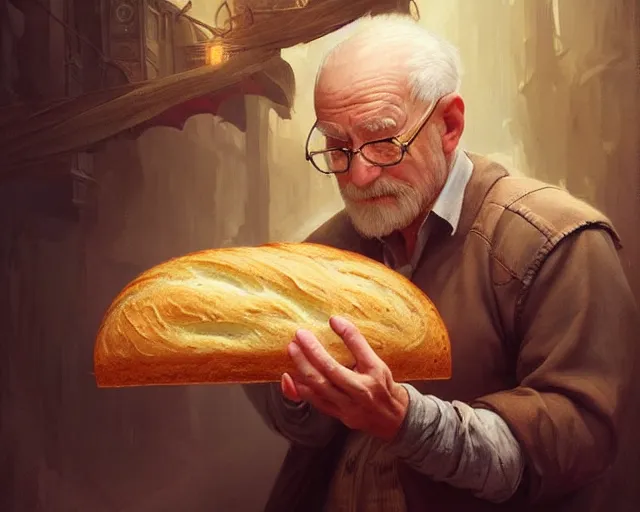 Image similar to an old man taking a selfie with a loaf of bread, deep focus, d & d, fantasy, intricate, elegant, highly detailed, digital painting, artstation, concept art, matte, sharp focus, illustration, hearthstone, art by artgerm and greg rutkowski and alphonse mucha