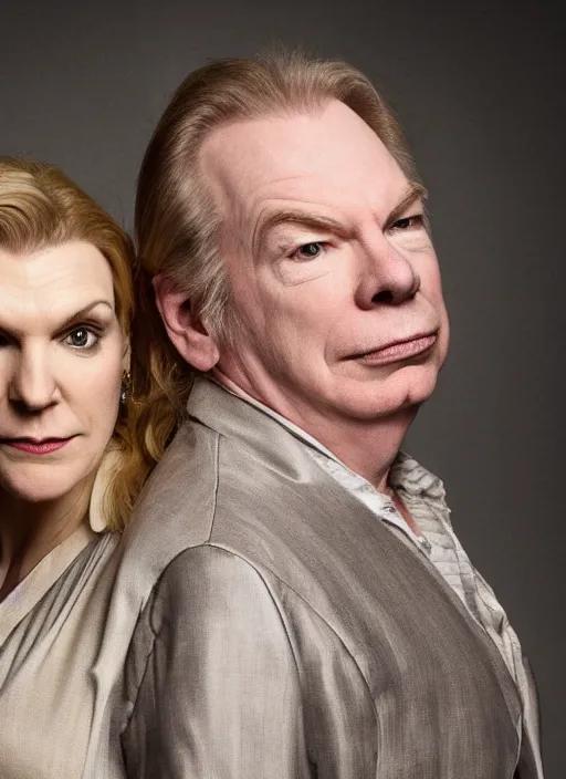 Prompt: portrait of michael mckean and rhea seehorn, baroque portrait, realistic, serious, dark backround