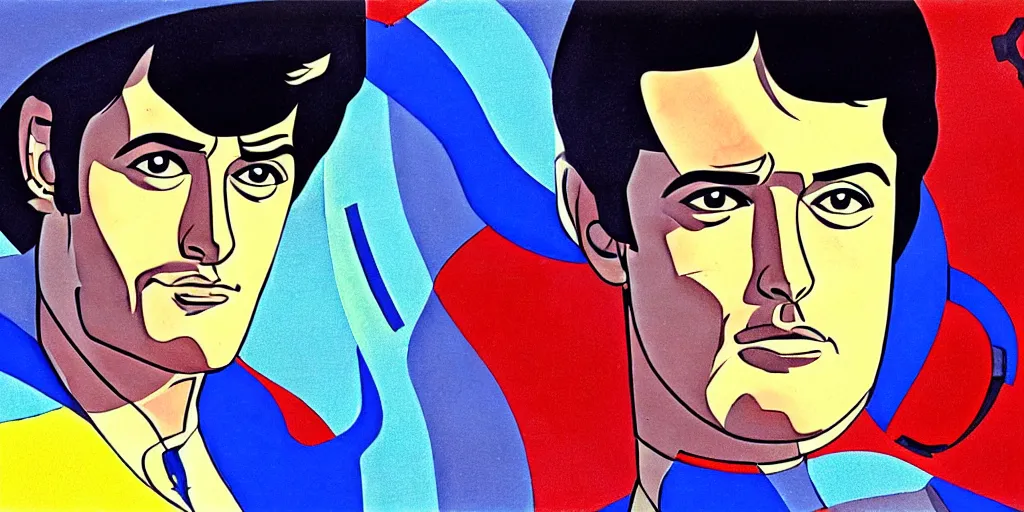 Image similar to traditional drawn colorful animation a symmetrical portrait of Alain Delon Stallone from 1960 60s pilot in posing in spaceship station planet captain bridge, сomet tail, outer worlds, robots, extraterrestrial hyper contrast well drawn in Jean Henri Gaston Giraud animation film The Masters of Time FANTASTIC PLANET La planète sauvage animation by René Laloux