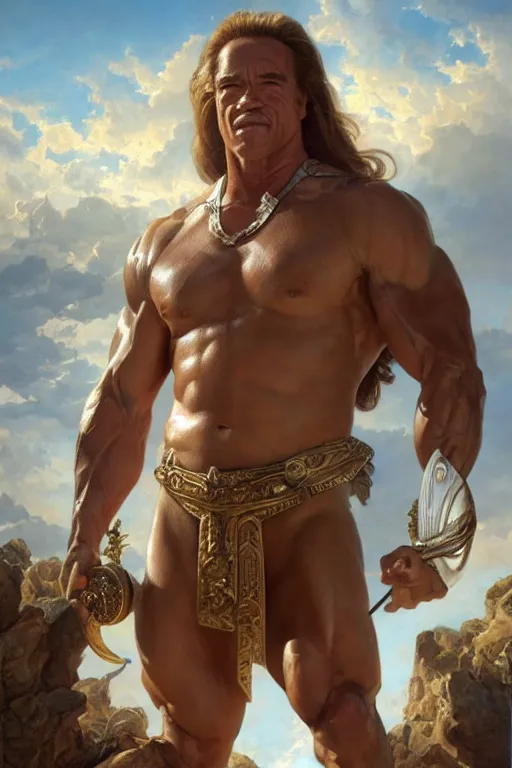 Image similar to arnold schwarzenegger as a greek god, detailed, 8 k, trending on artstation, smooth, sharp focus artwork by mark arian, artgerm, mark keathley, greg rutkowski and alphonse mucha