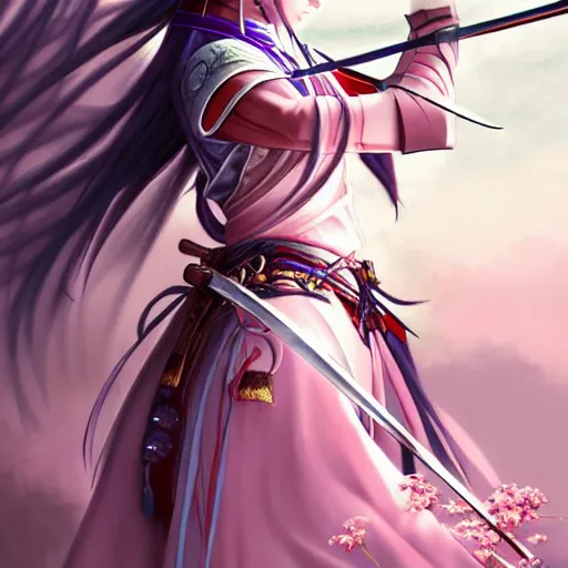 Prompt: beautiful anime samurai princess warrior scenery wallpaper aesthetic, pastel colors only, magical, cinematic, powerful, super detailed and intricate, elegant, hyper realistic, by artgerm, by kyoung hwan kim, by ralph mcquarrie, by yoshiyuki tomino