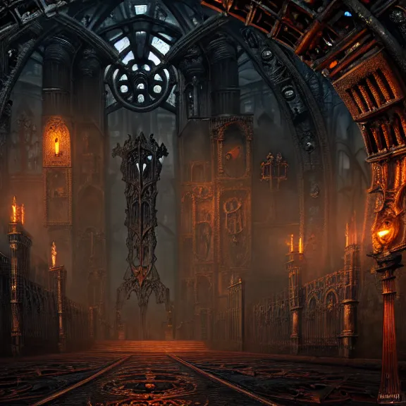 Image similar to steam necropolis, memento mori, gothic, neo - gothic, art nouveau, hyperdetailed copper patina medieval icon, stefan morrell, philippe druillet, ralph mcquarrie, concept art, steampunk, unreal engine, detailed intricate environment, octane render, moody atmospherics, volumetric lighting, ultrasharp, ominous, otherworldly