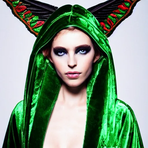 Prompt: photograph of a beautiful elf girl wearing a Green velvet cape with embroidered crow wings and flames photographed in the style of Mario Testino