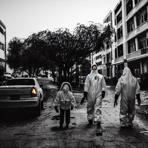 Prompt: a family wearing a hazmat suits on a post-war era street, walking away from the camera, dark smoke in the background, filthy streets, broken cars. Vines growing. Jpeg artifacts. Award-winning photo. Samyang/Rokinon Xeen 50mm T1.5