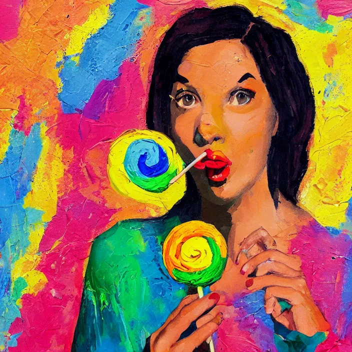 Image similar to portrait of beautiful woman licking a lollipop painted with colorful gouache impasto