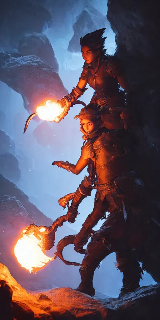 Image similar to a epic hero adventurer holding a torch in a dark cave, fantsy, concept art, artgerm, monster hunter world, 8 k realistic, radiant light, frostbite 3 engine, dof, cryengine, digital art, detailed background