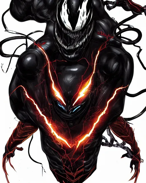 Image similar to venom as the flash, dynamic lighting, fantasy concept art, trending on art station, stunning visuals, creative, cinematic, ultra detailed, comic strip style