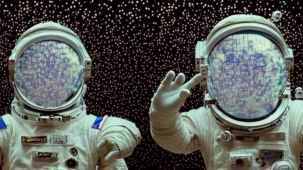 Image similar to a single astronaut eva suit made of diamond 3d fractal lace iridescent bubble 3d skin and covered with insectoid compound eye camera lenses floats through the living room, film still from the movie directed by Denis Villeneuve with art direction by Salvador Dalí, wide lens,