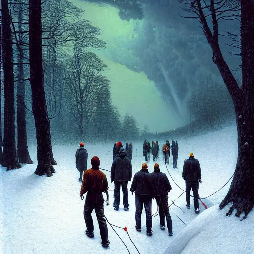 Image similar to a beautiful painting of group of climbers, extreme cold, storm, octane rendering, grim, dark, gloomy, cruel, volumetric lightning, hyperrealism, no blur, 4 k resolution, ultra detailed, style of john atkinson grimshaw, ivan shishkin, tyler edlin, scott listfield, eric zener