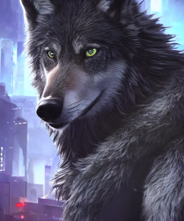 Image similar to portrait headshot of a male anthropomorphic dark gray wolf, long red hair, blue eyes, in a futuristic city, hyper detailed, digital art, trending in artstation, cinematic lighting, studio quality, smooth render, unreal engine 5 rendered, octane rendered, art style by pixar dreamworks warner bros disney riot games and overwatch.