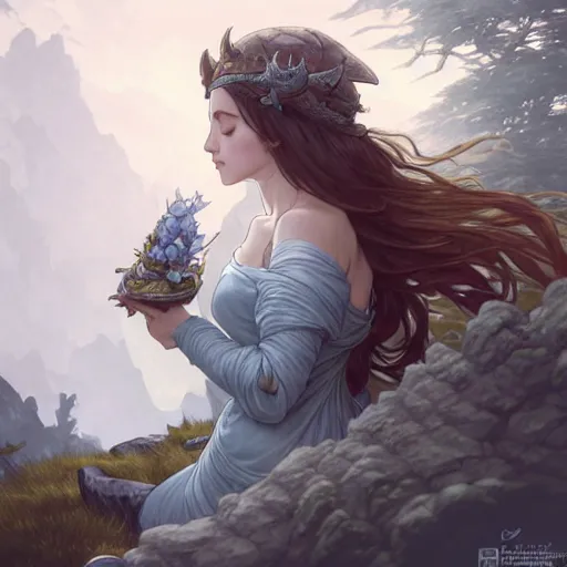 Image similar to wide angle, knight, sleeping on rock, white grey blue color palette, eyes closed, forest, female, d & d, fantasy, intricate, elegant, highly detailed, long brown hair, digital painting, artstation, octane render, concept art, matte, sharp focus, illustration, hearthstone, art by artgerm, alphonse mucha johannes voss