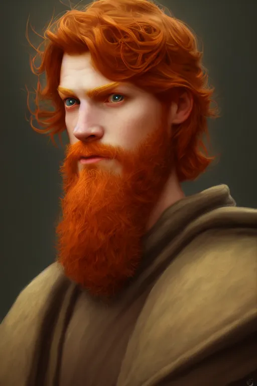 Prompt: a portrait of a ginger male wizard, illustration, soft lighting, soft details, dark mood, painting oil on canvas by Edmund Blair Leighton and Charlie Bowater octane render trending on artstation d&d characters, 4k, 8k, HD