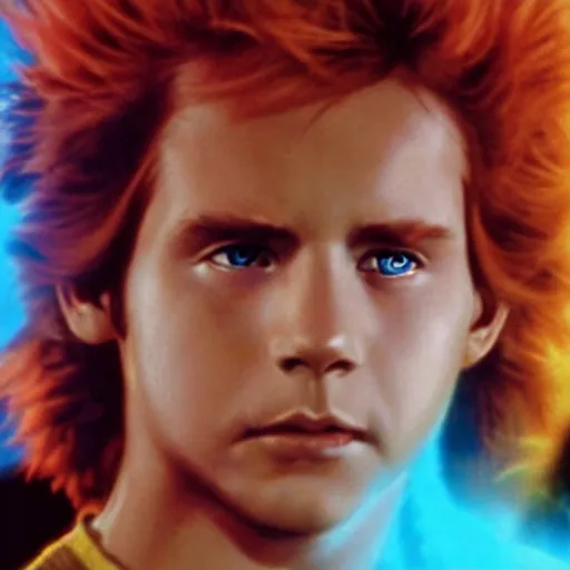 Image similar to a still of a boy with firey hair in star wars 1 9 7 7, realistic, photorealistic, detailed,