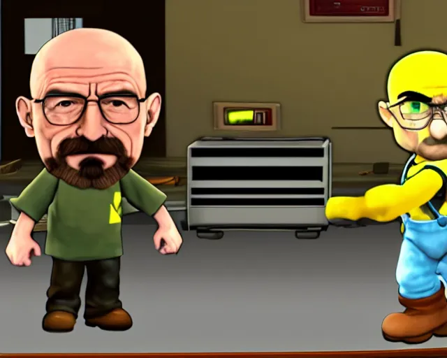 Prompt: walter white in super smash bros, screenshot, zoomed out, HD, battlefield, blurry, photograph of TV