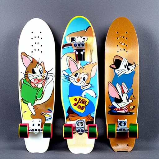 Image similar to Tom and jerry themed skate board, skate board design, underside, glossy, lots of detail, Tom and jerry themed