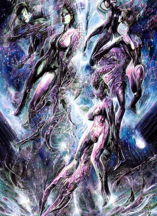 Image similar to astronauts girls in dark void underwater - complex and hyperdetailed technical suit design. reflection and dispersion materials. rays and dispersion of light. volumetric light. f / 3 2. noise film photo. flash photography. ultra realistic, 5 0 mm. poster by wayne barlowe, hajime sorayama aaron horkey, craig mullins