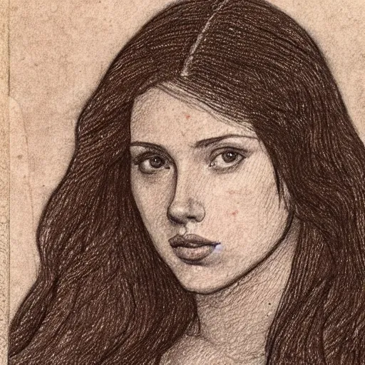 Prompt: a finished, detailed portrait drawing with reddish brown ink on parchment of a very young scarlett johansson, by leonardo davinci in davinci's style from one of his notebooks