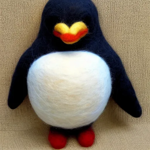 Prompt: a huge needle felted penguin, needle felting art.