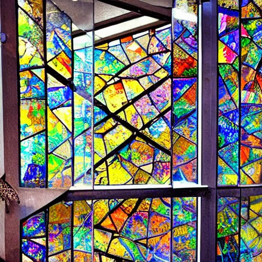 Prompt: living in shattered walls of prismatic glass, beautiful but dangerous, a vitrine prison, detailed mosaic