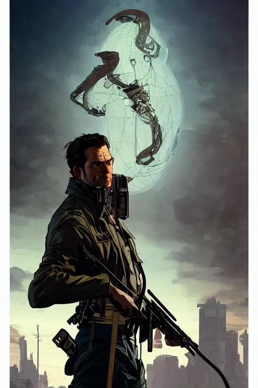 Image similar to gta him halpert as aeon flux profile picture by greg rutkowski, mad max, dynamic pose, intricate, futuristic, fantasy, elegant, by stanley artgerm lau, greg rutkowski, thomas kindkade, alphonse mucha, loish, norman rockwell, fantasy lut, asymmetric, long hair, retro computer graphics, video game, fluid lines,