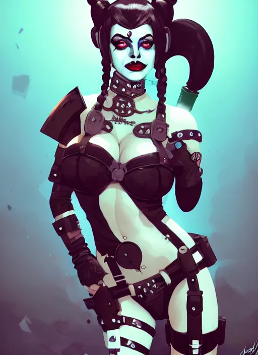 Prompt: portrait of cute goth harley quinn in cyber bikini armor, warhammer, cyberpunk, by atey ghailan, by greg rutkowski, by greg tocchini, by james gilleard, by joe fenton, by kaethe butcher, by gustav klimt, dynamic lighting, gradient light blue, brown, blonde cream and white color in scheme, grunge aesthetic