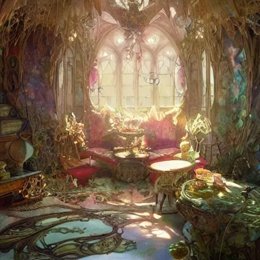 Image similar to a beautiful interior of a fairy castle, fully decorated, furnished with fairy furniture, fairy aesthetics, concept art, by greg rutkowski, alphonso mucha and elena dudina. high details, illustration, beautiful illumination