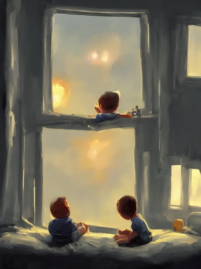 Prompt: a contemporary painting of a little boy sits in his bed and looks through the window into the night sky in a painting from stalenhag 4 k 8 k hdr artstation concept art nebula