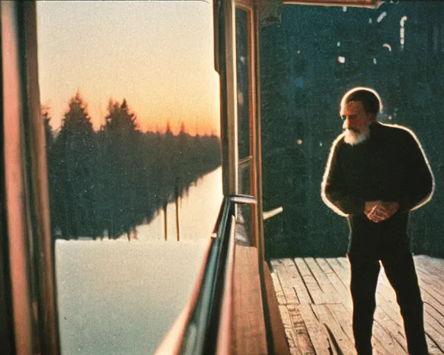 Image similar to award - winning lomographic tarkovsky film still of 4 0 years russian man with beard and sweater standing on small hrushevka 9 th floor balcony in taiga looking at sunset, cinestill, bokeh