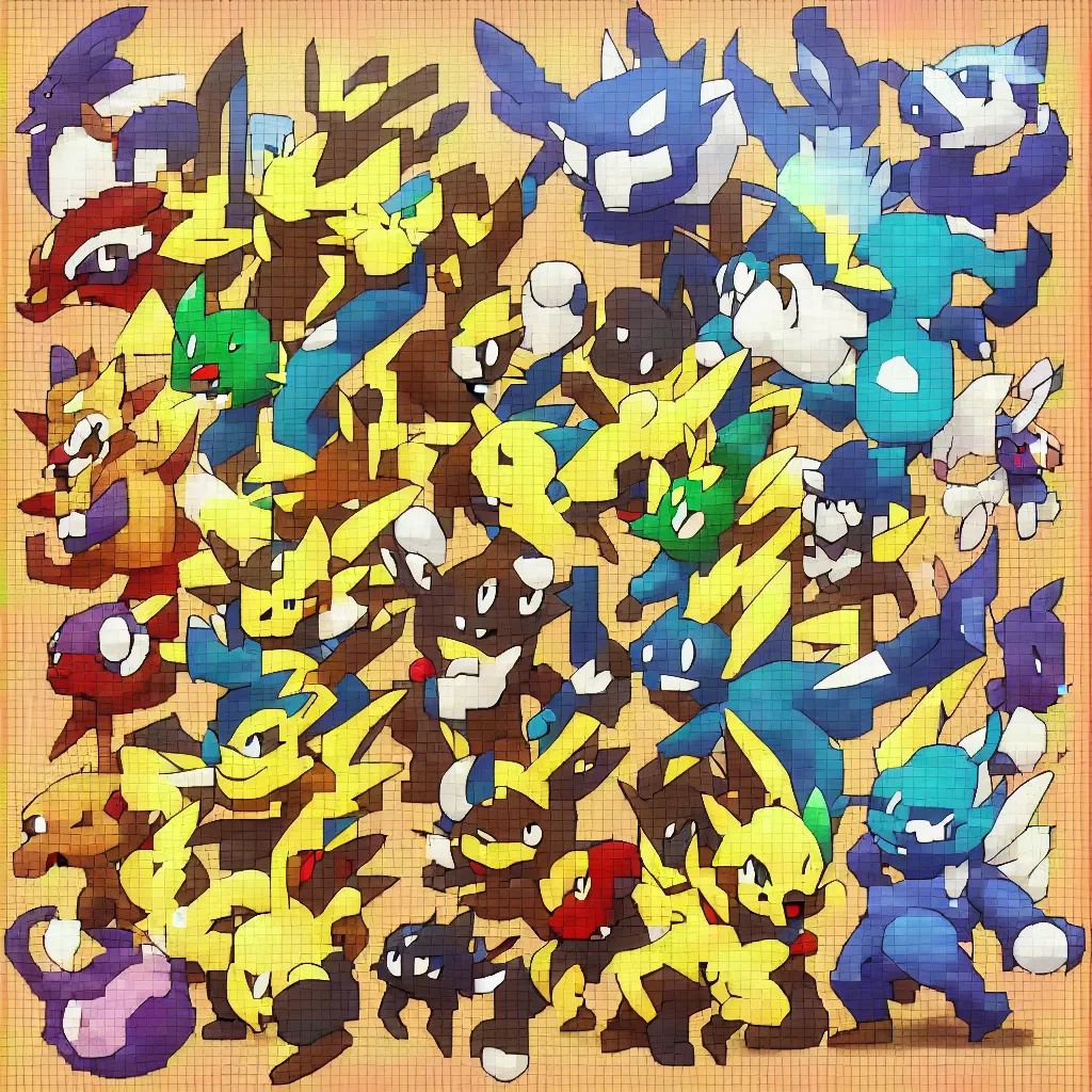 Image similar to pixelated pokemon monster inspired by ragnarok online, 1 2 8 bit, 1 0 0 0 x 1 0 0 0 pixel art, 4 k, super detailed, nintendo game, pixelart, high quality, no blur, sharp geometrical squares, concept pixelart