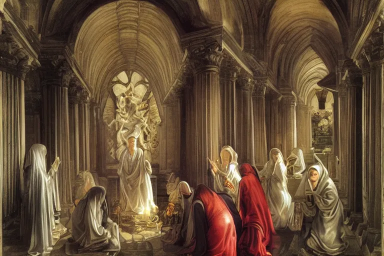 Image similar to inside the sepulchre, dark scene, light coming in from the left, steps leading down, 3 marys crouching in colored robes at the tomb | medium close | fibonacci composition, by artgerm, sophie anderson, rubens