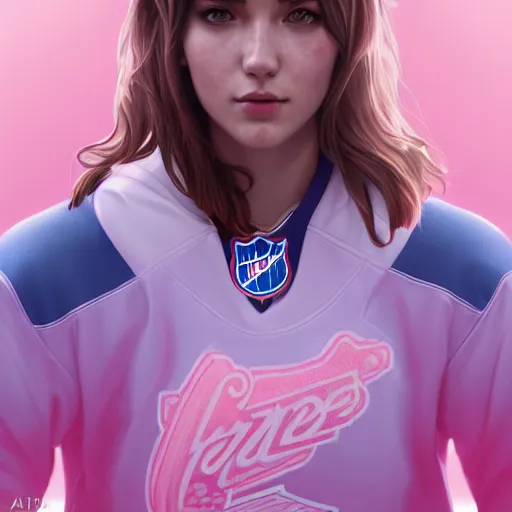 Image similar to portrait from Life is Strange, Female Ice Hockey Player, Habs fantasy, intricate, elegant, pink mist, highly detailed, digital painting, trending on artstation, concept art, smooth, sharp focus, illustration, art by artgerm and greg rutkowski and alphonse mucha, unreal engine, 4k, 8k