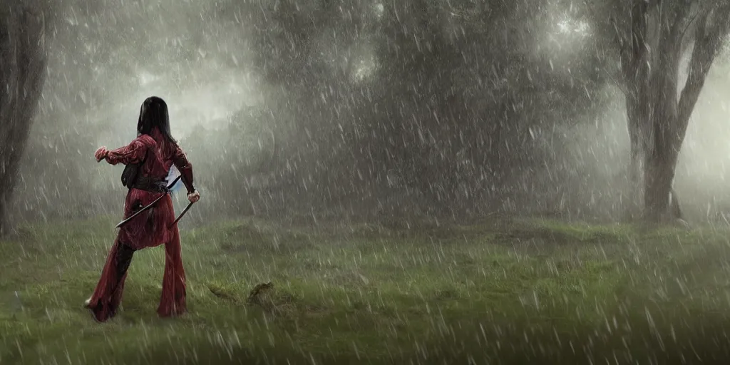 Prompt: An epic fantasy comic book style landscape painting of a young beautiful chinese girl holding a katana in a field of raining forest surrounded by bambok, unreal 5, DAZ, hyperrealistic, octane render, cosplay, dynamic lighting